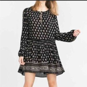 Zara Trafaluc black floral bohemian dress / tunic, long sleeve, size XS